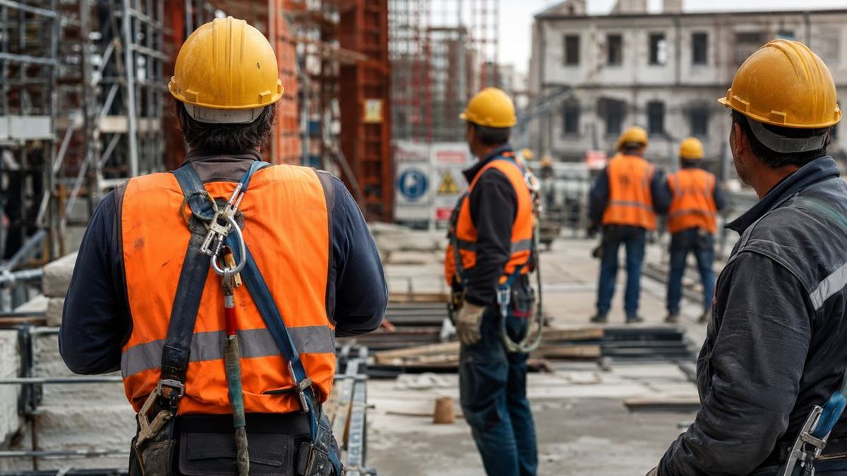 Operai con casco e imbracatura di sicurezza al lavoro in cantiere