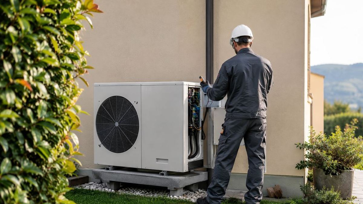 Tecnico installa pompa di calore esterna nel giardino di una casa italiana