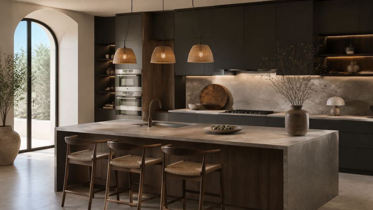 Cucina moderna di design con isola centrale e materiali naturali in luce calda